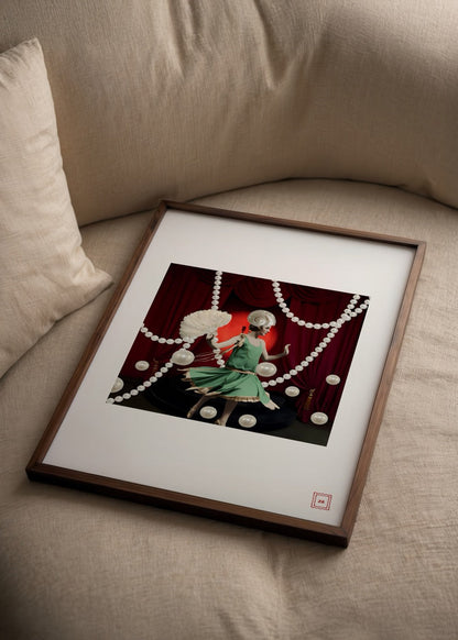 A vibrant club-themed poster featuring a woman in vintage attire surrounded by pearls.
