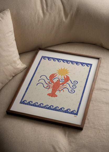 Coastal Icon Poster Print featuring a vibrant lobster design with a sun and waves.
