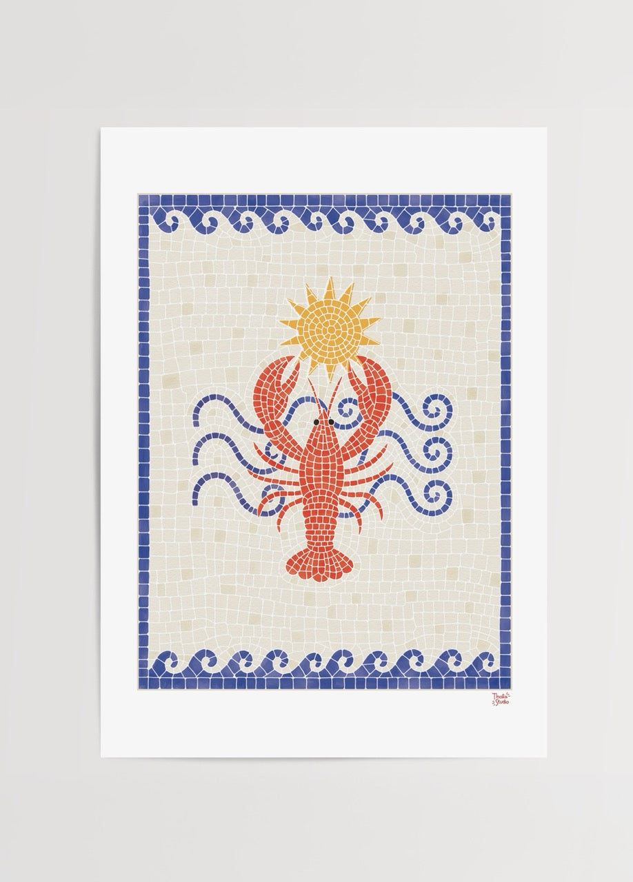 Coastal Icon Poster Print featuring a vibrant lobster design with a sun and waves.
