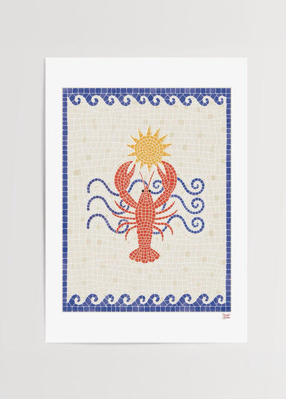 Coastal Icon Poster Print featuring a vibrant lobster design with a sun and waves.