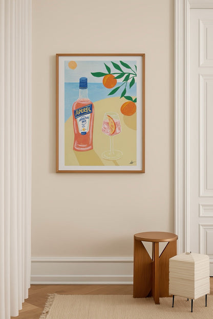 Colourful artwork featuring a cocktail and Aperol bottle in Positano.