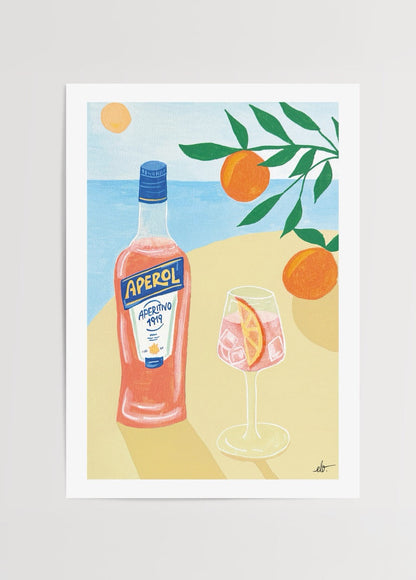 Colourful artwork featuring a cocktail and Aperol bottle in Positano.