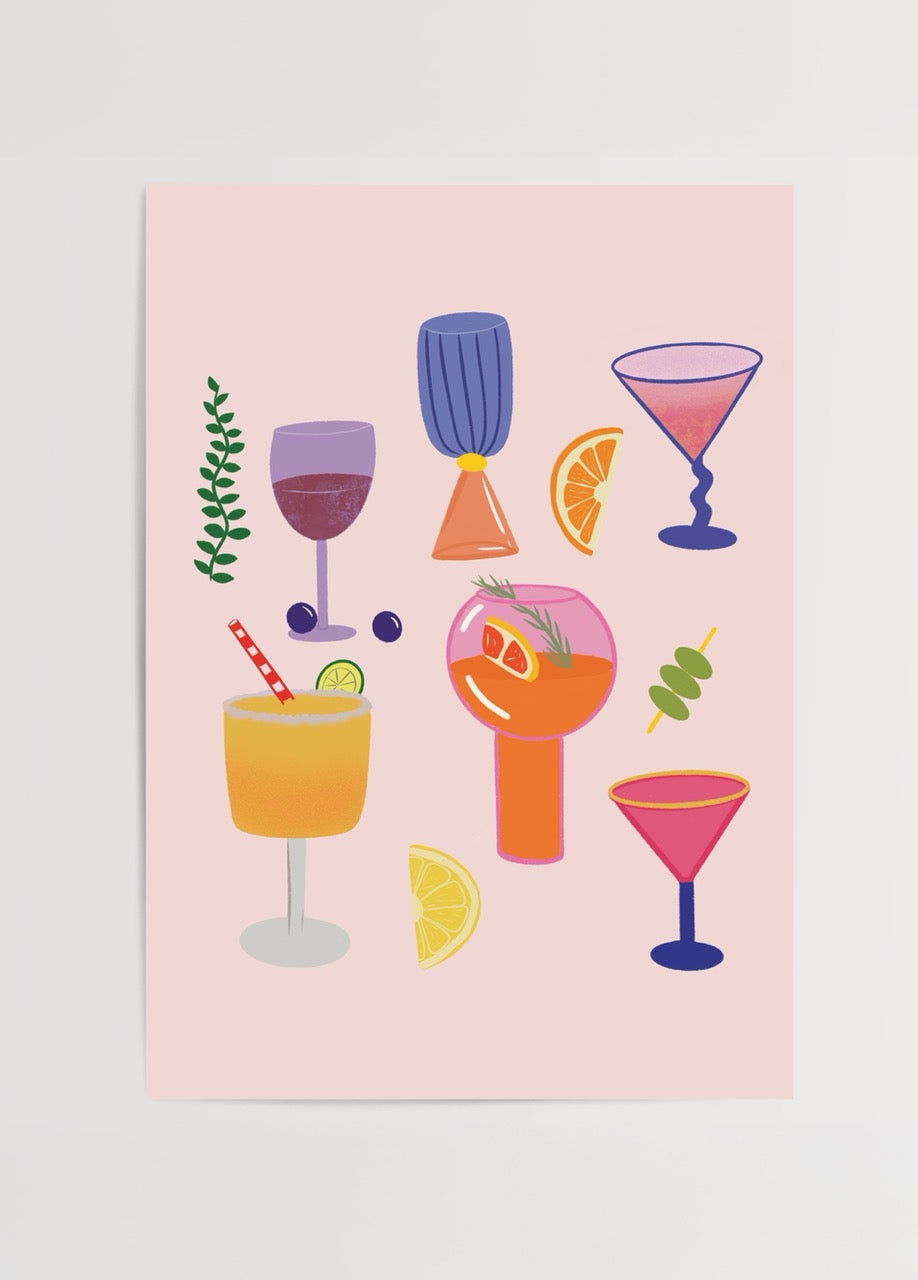 Vibrant cocktail illustrations on a pink background, perfect for wall art.