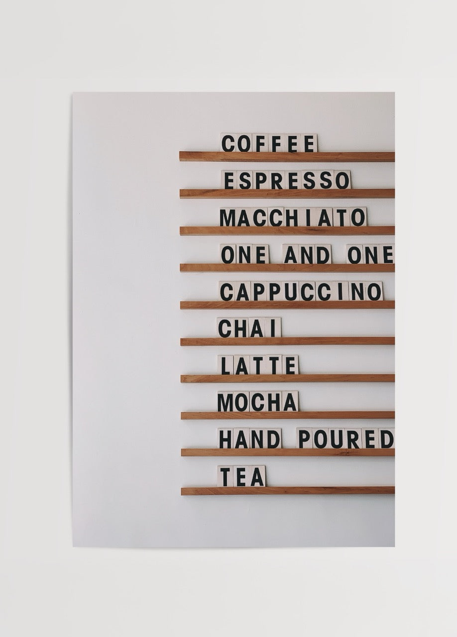 Artisan Coffee Menu Wall Art featuring coffee and tea beverage names.