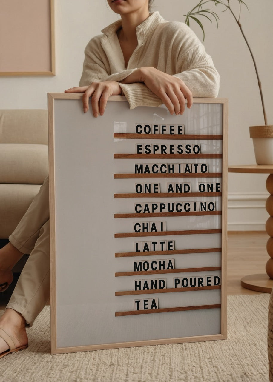 Artisan Coffee Menu Wall Art featuring coffee and tea beverage names.