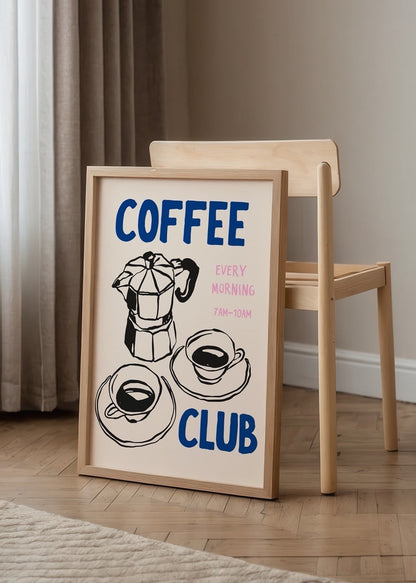 Illustration of Moka pot and coffee cups, ideal for kitchen decor.