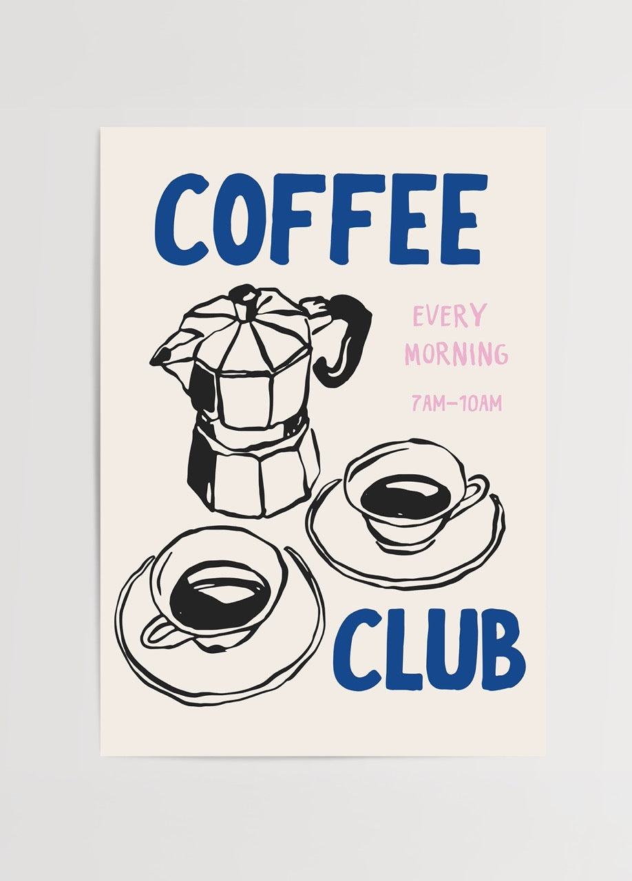 Illustration of Moka pot and coffee cups, ideal for kitchen decor.