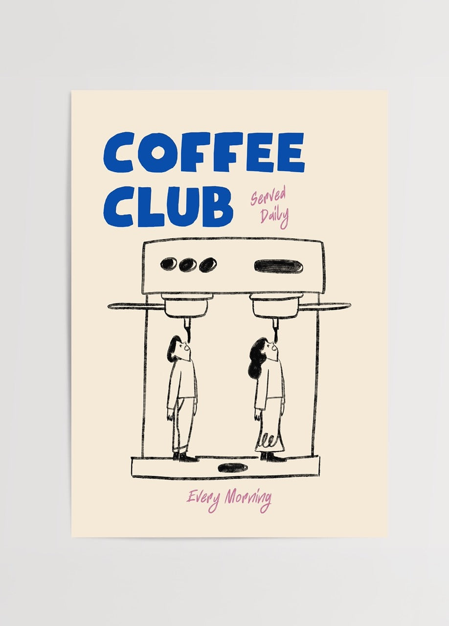 Whimsical coffee-themed wall art illustrating a humorous coffee culture scene.