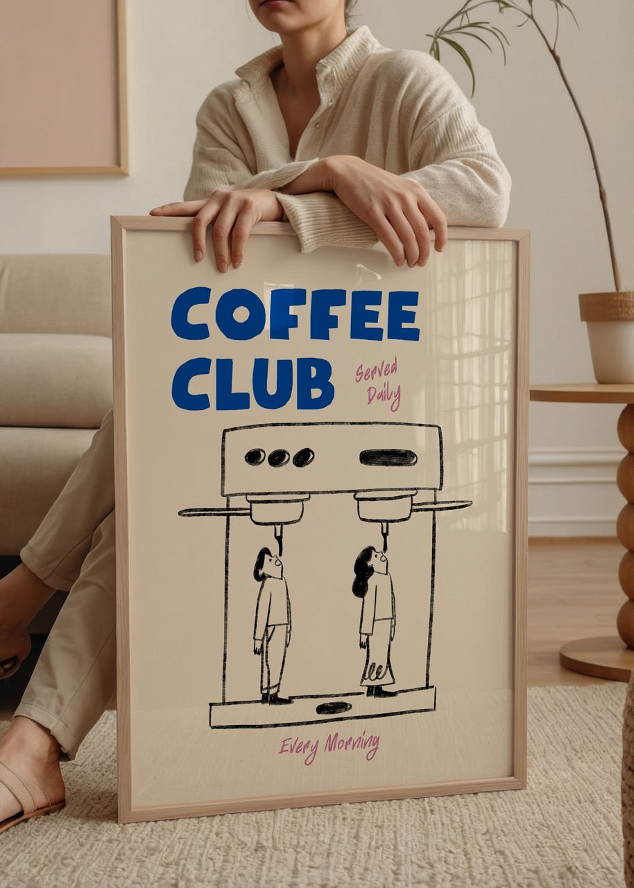 Whimsical coffee-themed wall art illustrating a humorous coffee culture scene.