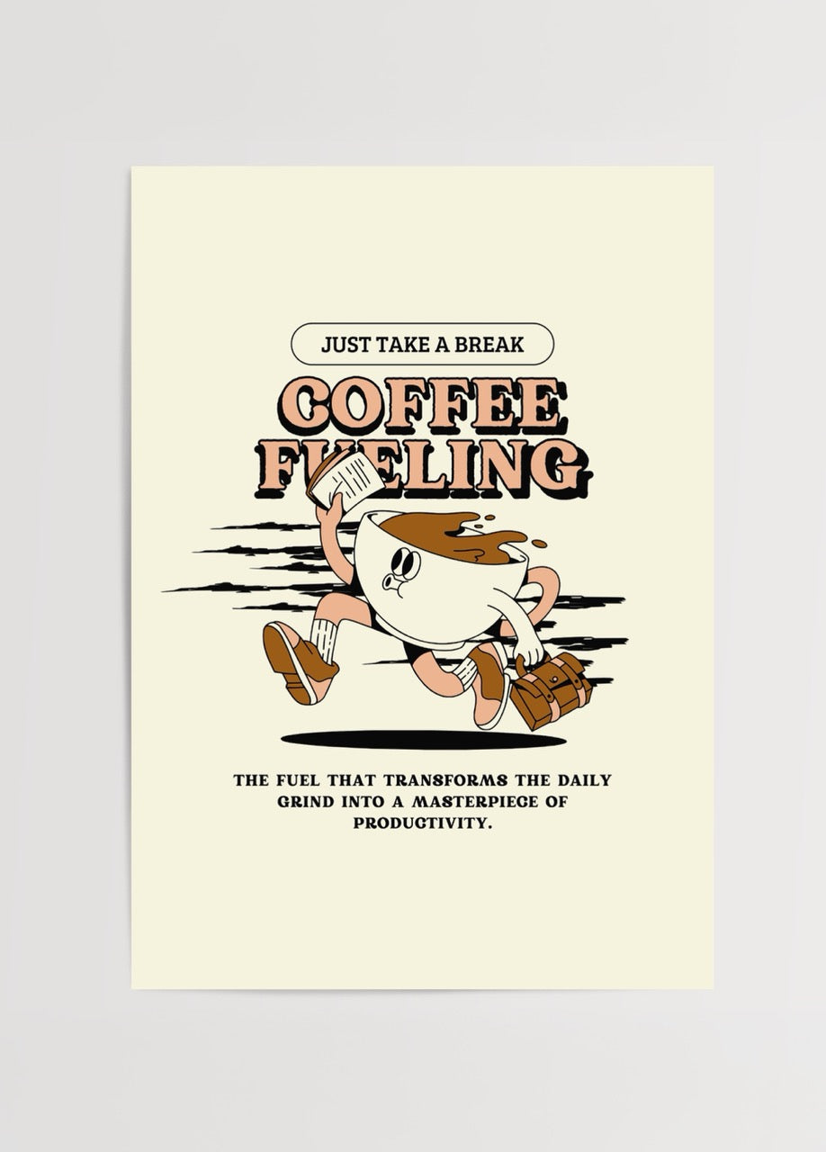 Energising Coffee Break Art Print showcasing a playful coffee cup illustration.