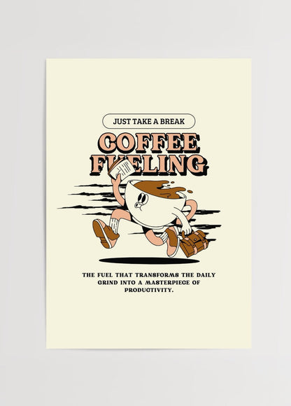 Energising Coffee Break Art Print showcasing a playful coffee cup illustration.