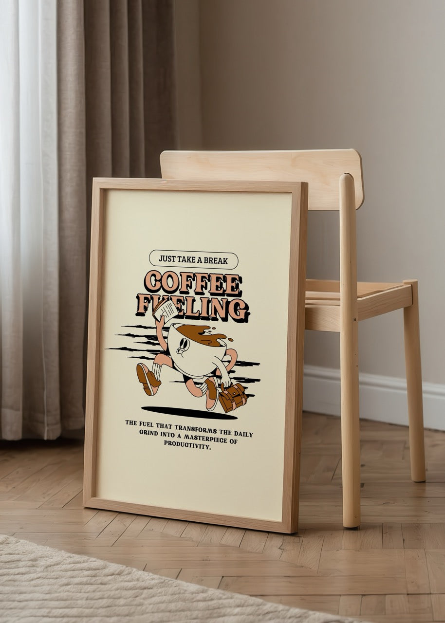 Energising Coffee Break Art Print showcasing a playful coffee cup illustration.