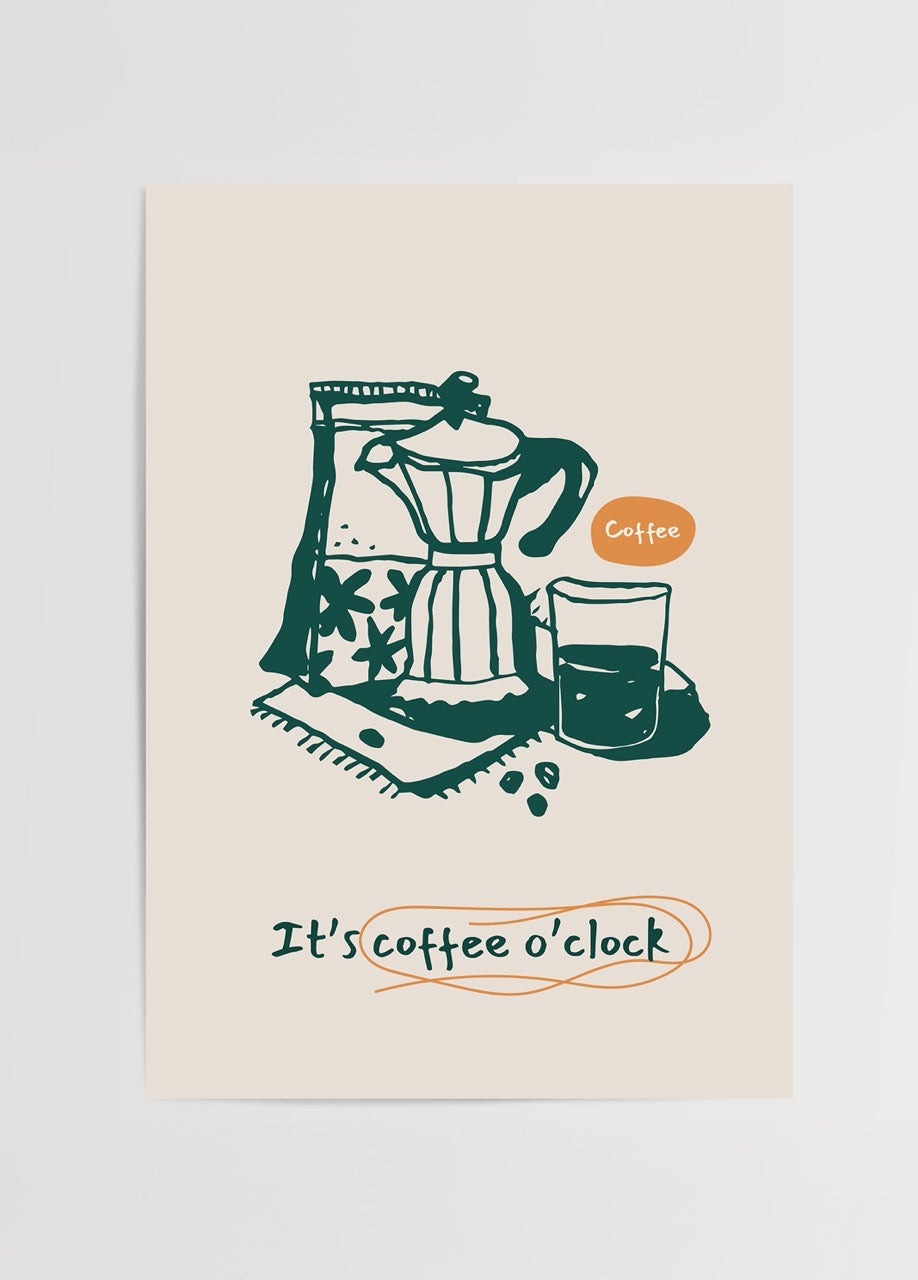 Illustration of a moka pot and coffee glass on a beige background.