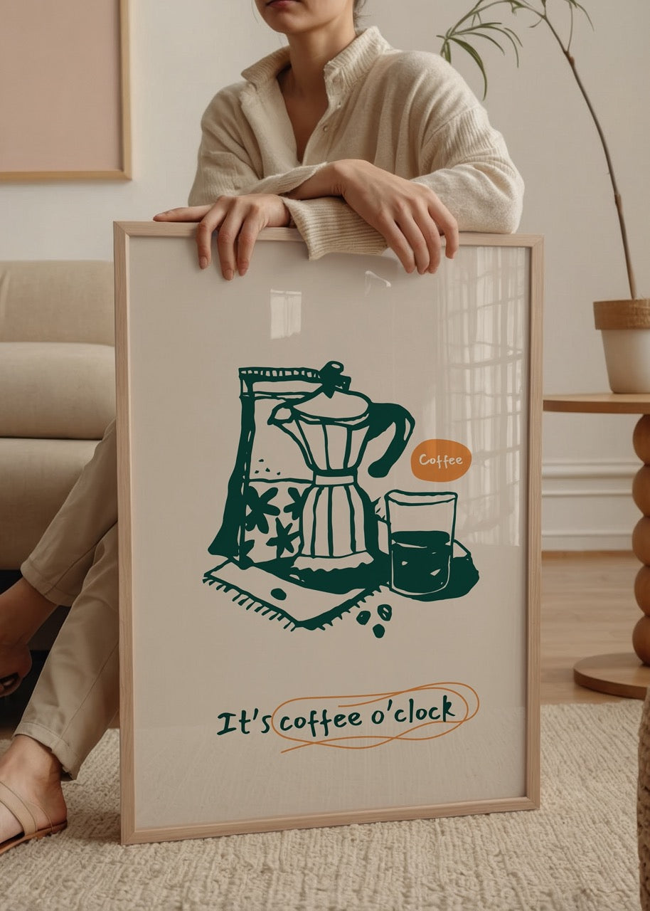 Illustration of a moka pot and coffee glass on a beige background.