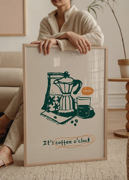 Illustration of a moka pot and coffee glass on a beige background.