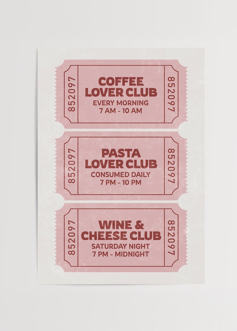 Whimsical kitchen art print featuring culinary ticket designs.