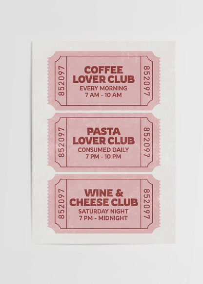Whimsical kitchen art print featuring culinary ticket designs.