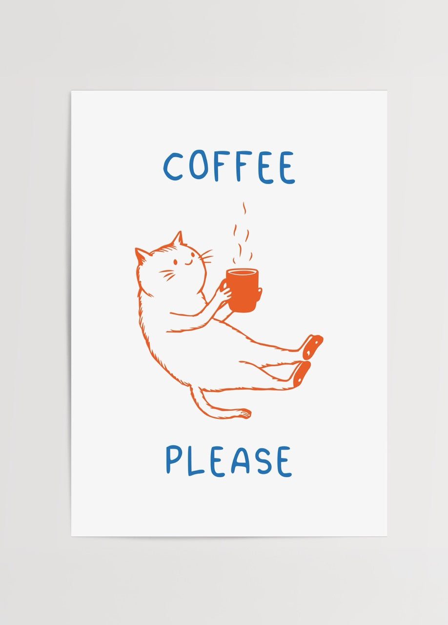Illustration of a cat holding a coffee cup with the text &