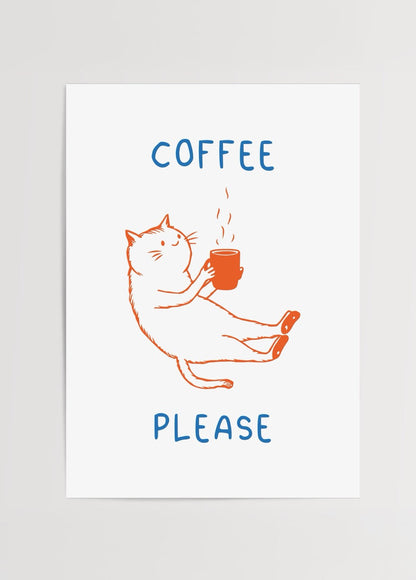 Illustration of a cat holding a coffee cup with the text &