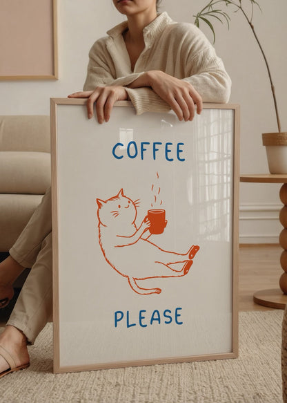Illustration of a cat holding a coffee cup with the text &