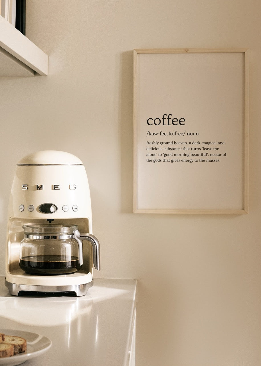 Elegant coffee art print featuring minimalist typography and a description.