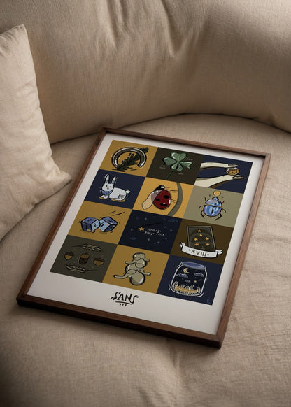 A whimsical poster print featuring symbols of luck and fortune.