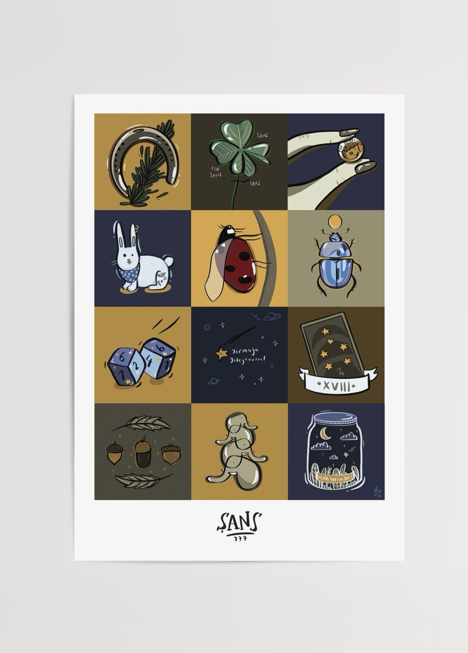 A whimsical poster print featuring symbols of luck and fortune.