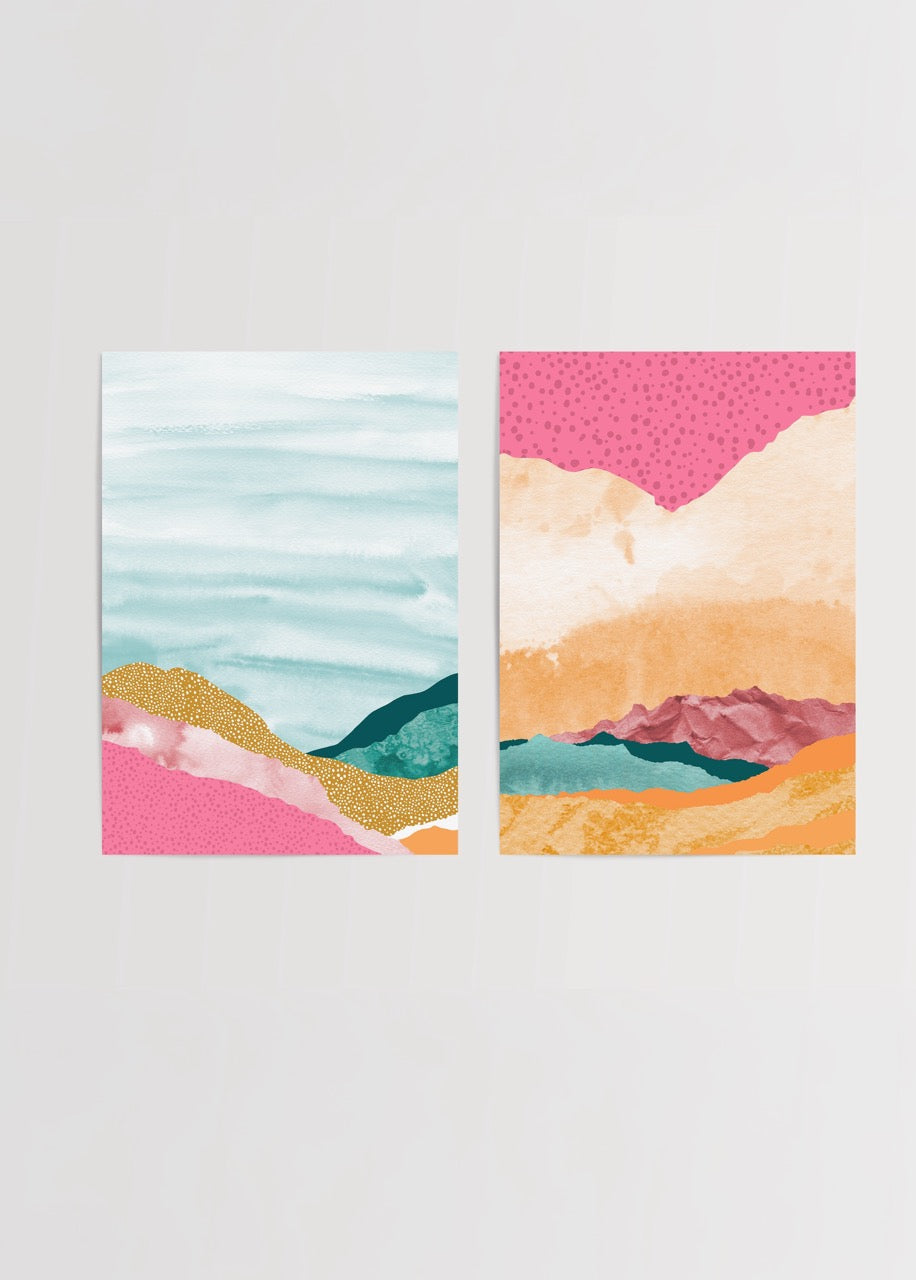 A vibrant duo of abstract mountain landscapes in pastel colours.
