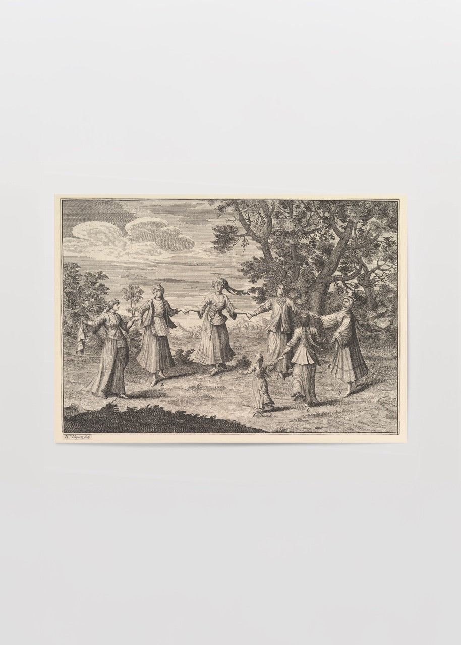 A captivating artwork depicting a traditional dance scene in a historical setting.