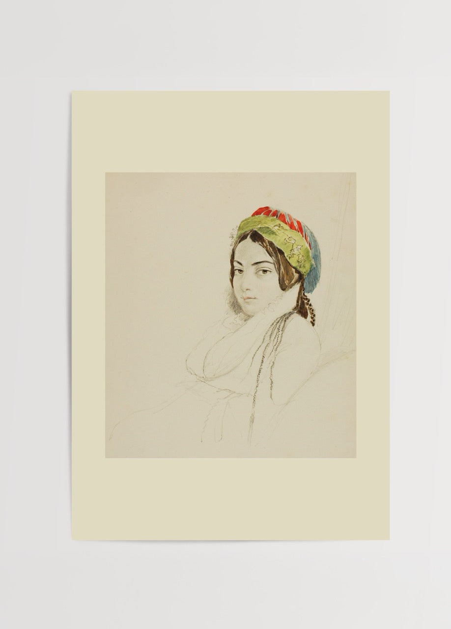Elegant portrait artwork showcasing a young woman in traditional attire.
