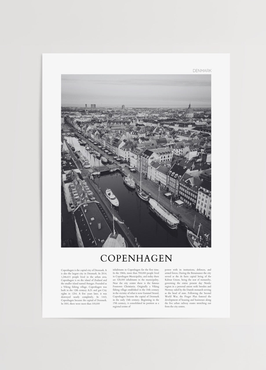Elegant monochrome poster showcasing a panoramic view of Copenhagen&