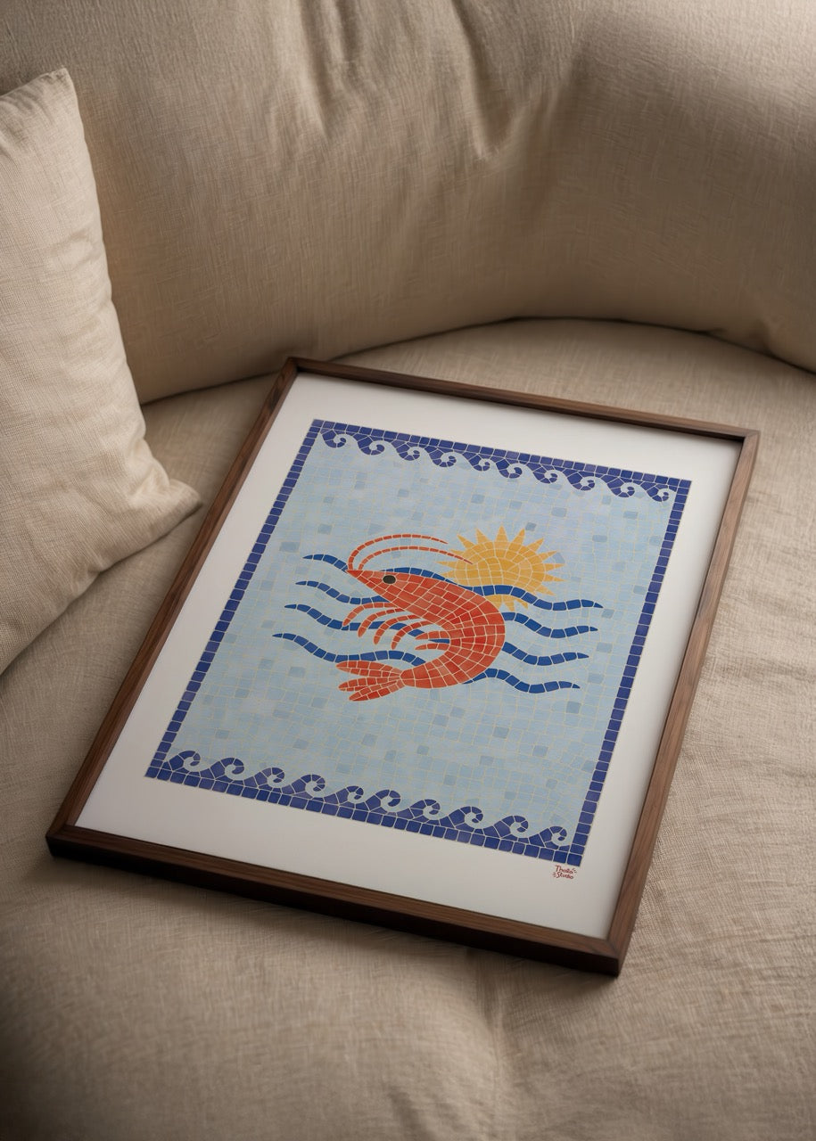 A vibrant mosaic artwork featuring a lobster and sun against a blue background.