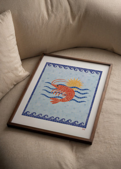 A vibrant mosaic artwork featuring a lobster and sun against a blue background.