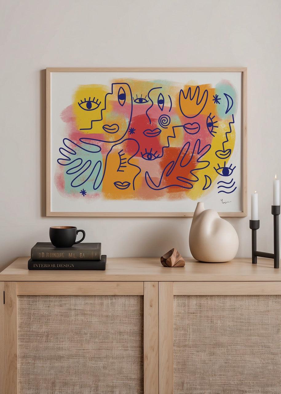 Colorful abstract poster featuring faces and hands in vibrant hues.