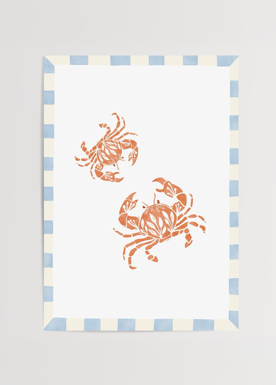 Crab Duo Poster Print featuring two crabs with floral designs in warm tones.