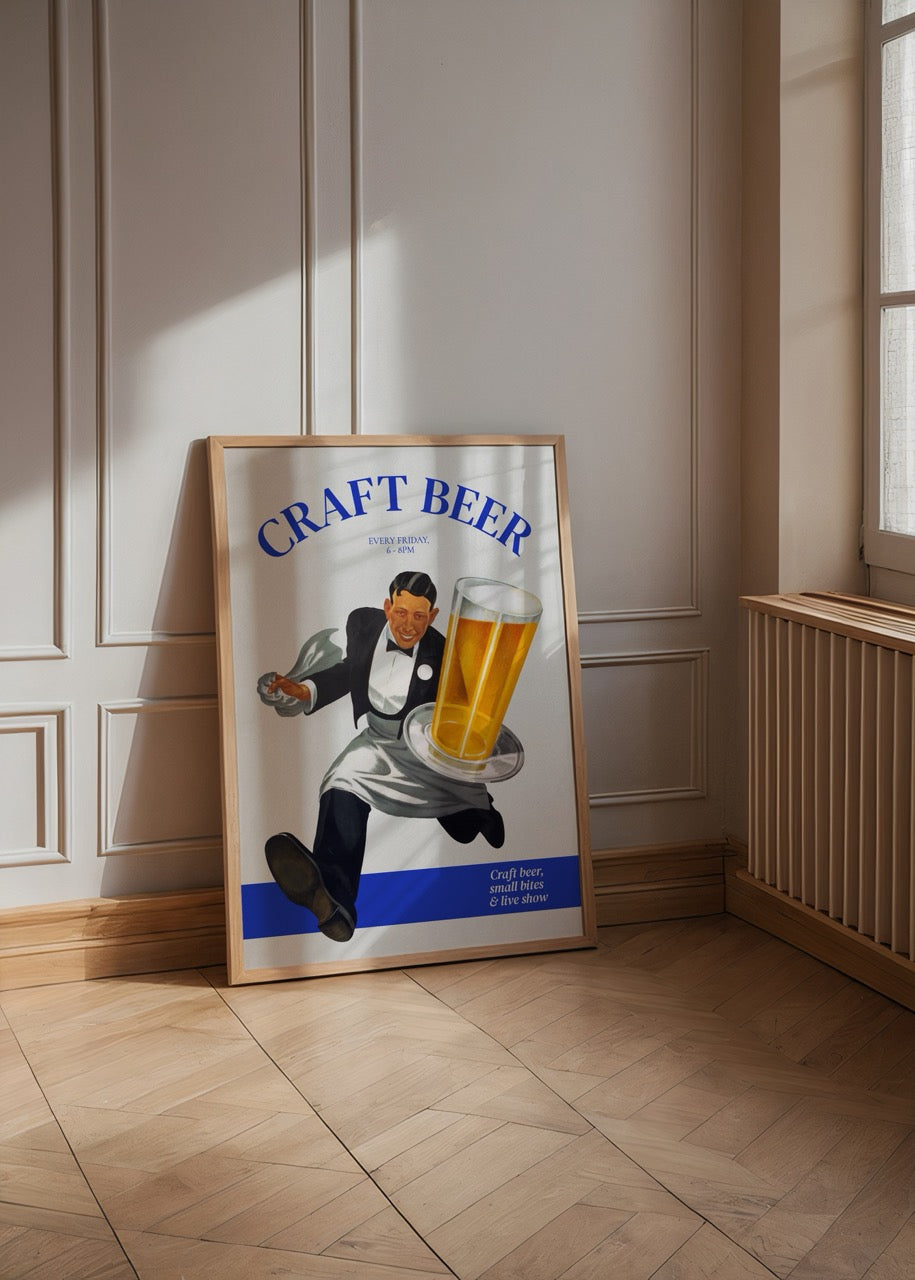 Vibrant craft beer poster featuring a waiter serving a pint.