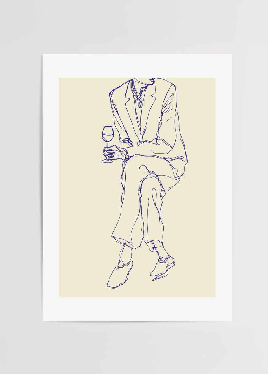 Minimalist line art poster featuring a seated figure with a glass, perfect for elegant interior styling.
