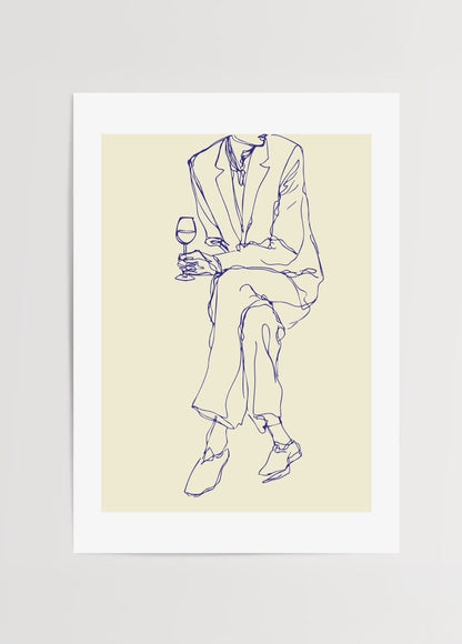 Minimalist line art poster featuring a seated figure with a glass, perfect for elegant interior styling.