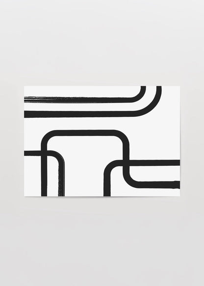 Monochrome abstract art print featuring flowing black lines on a white background.