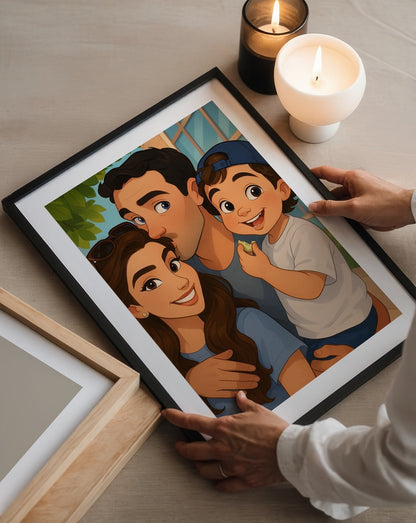 Personalised family portrait artwork featuring a warm, modern illustration style.
