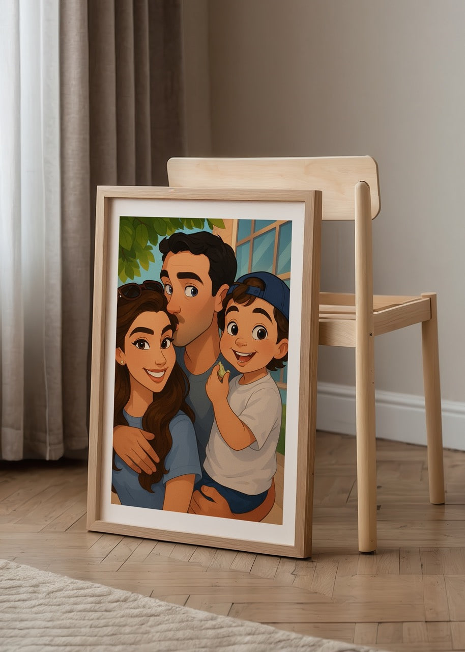 Personalised family portrait artwork featuring a warm, modern illustration style.