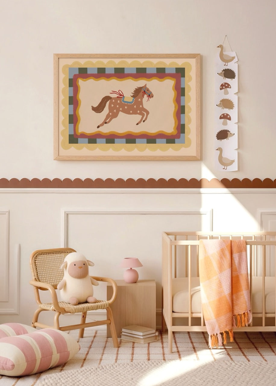 Charming illustration of a running pony in vibrant colors.