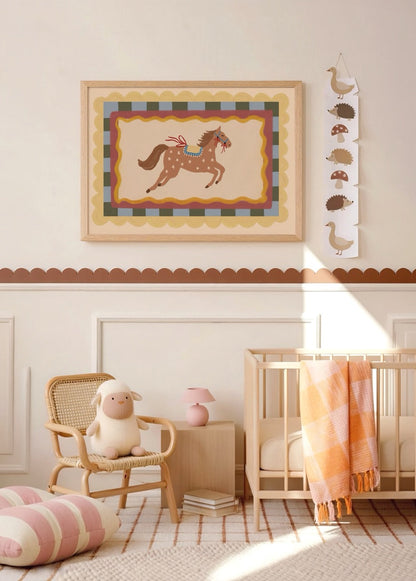 Charming illustration of a running pony in vibrant colors.