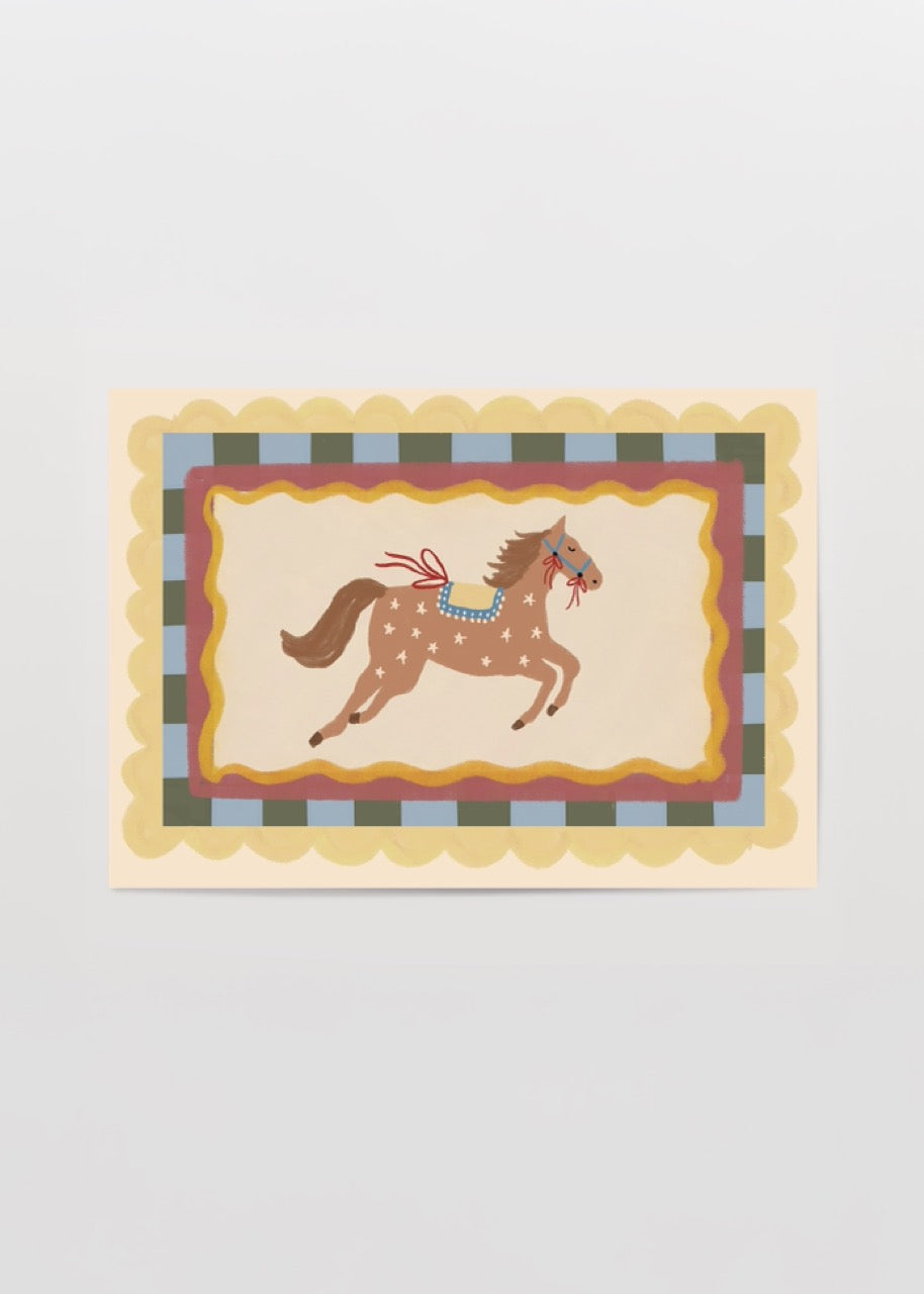 Charming illustration of a running pony in vibrant colors.