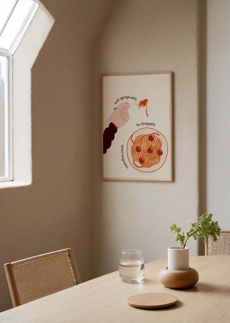 Whimsical illustration of spaghetti with a fork, perfect for kitchen decor.