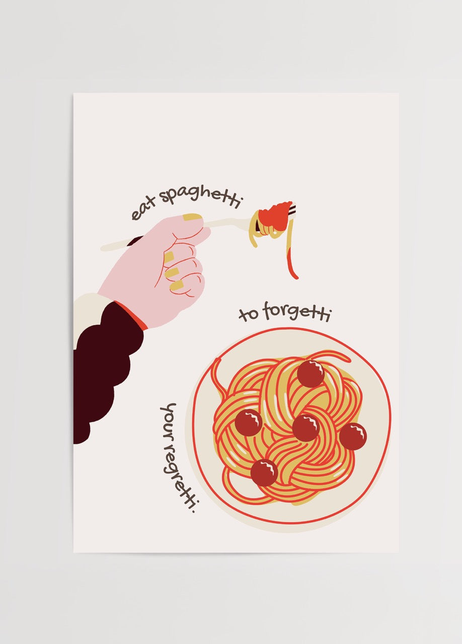 Whimsical illustration of spaghetti with a fork, perfect for kitchen decor.