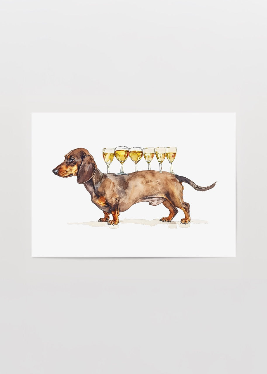 A playful dachshund balancing wine glasses in a humorous illustration.