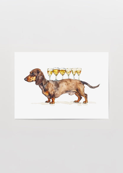 A playful dachshund balancing wine glasses in a humorous illustration.
