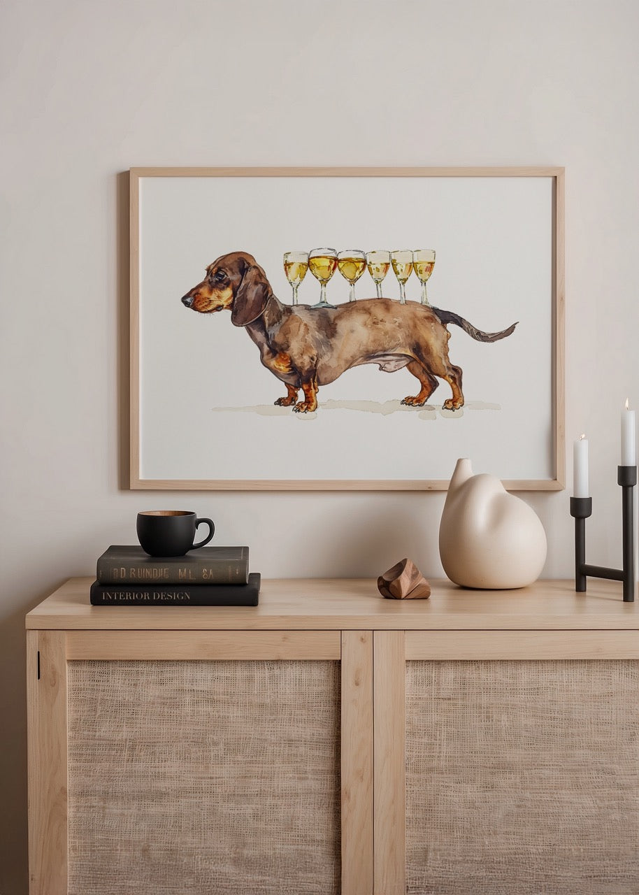 A playful dachshund balancing wine glasses in a humorous illustration.