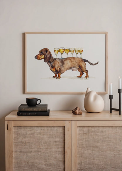 A playful dachshund balancing wine glasses in a humorous illustration.